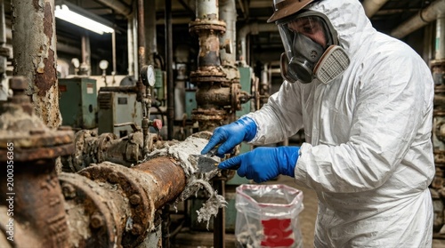Asbestos removal expert in protective gear scraping insulation in industrial setting