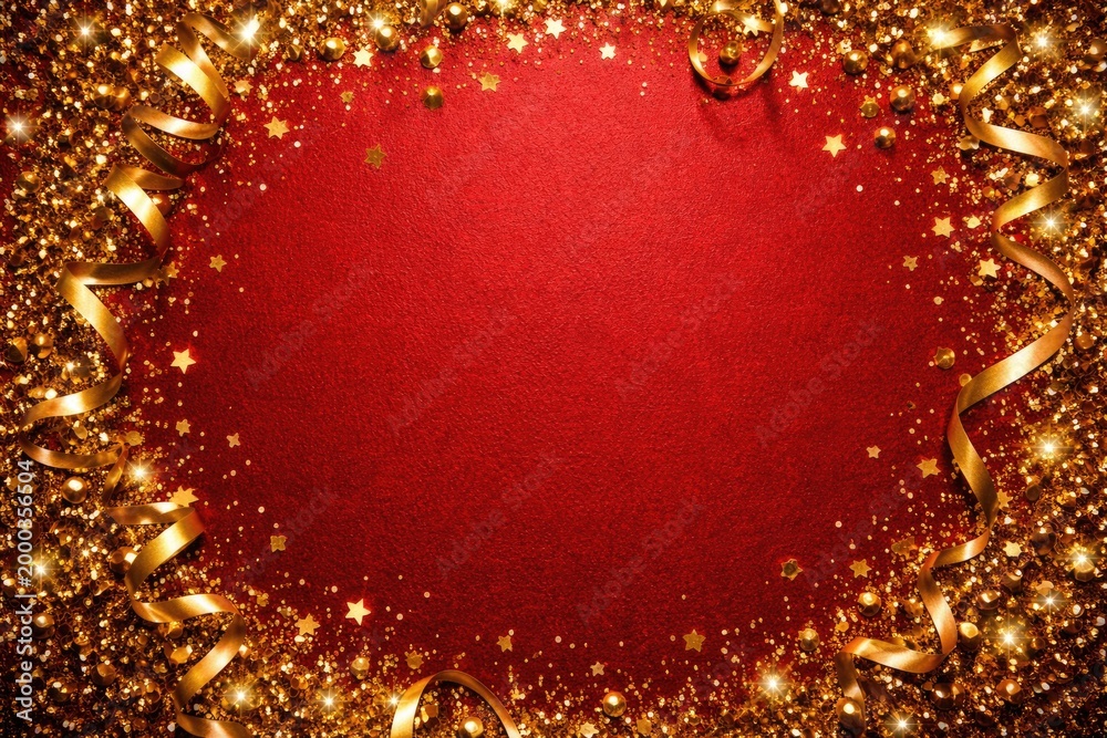 Obraz premium Bright red textured background framed with golden confetti and copy space