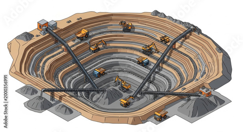 Open Pit Mine Excavation with Heavy Machinery and Trucks.