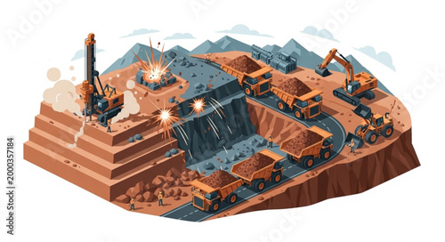 Open Pit Mine With Heavy Machinery And Trucks Working.