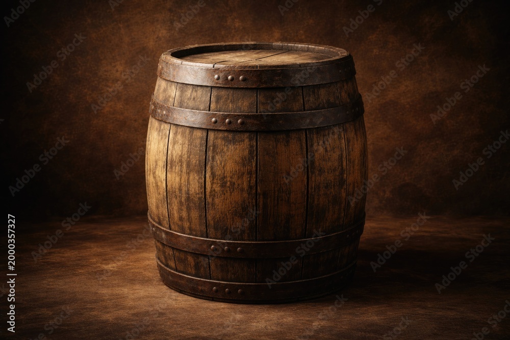 Fototapeta premium antique timber barrel set on a rich brown textured background