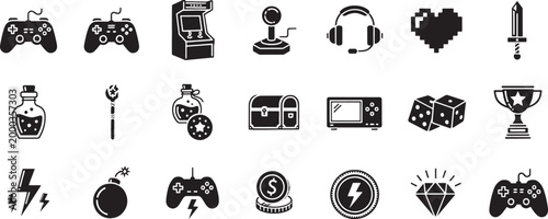 Collection of black game on white background game controller joystick arcade machine headphones pixel heart