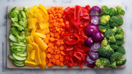 Colorful variety of chopped vegetables on wooden cutting board for healthy cooking