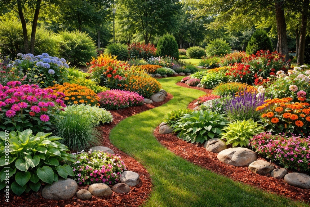 Obraz premium Beautiful summer garden full length view with thriving flower beds, red mulch, and mixed greenery with decorative rocks