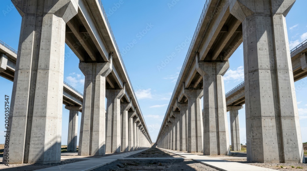 Fototapeta premium Modern architectural design of elevated concrete bridge with symmetrical columns under blue sky