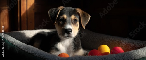 The joyful puppy lounged on its cozy dog bed blissfully chewing bright rubber balls.