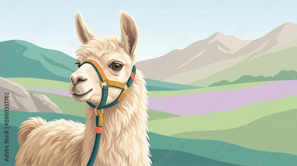Obraz premium Vector illustration of a white llama wearing a colorful halter. Stylized mountain landscape background with rolling hills. Digital graphic art portrait of an alpaca