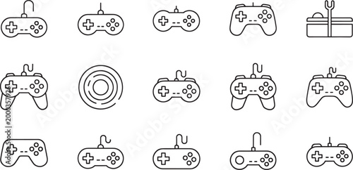 Collection of black line game controllers and accessories on white gamepad joystick gaming entertainment