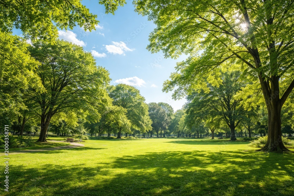 Obraz premium Clear blue sky above a lively green park with leafy trees bathed in sunlight
