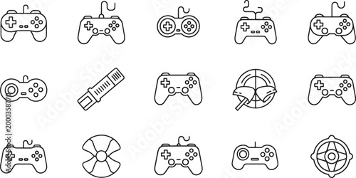 Collection of black outline game controllers and gaming joystick gamepad console