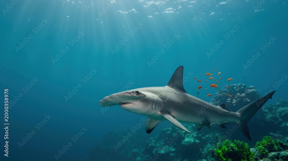 Obraz premium Hammerhead shark swimming in blue ocean water with small orange fish. Underwater marine life with coral reef and sunbeams. Predatory shark in its natural habitat