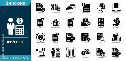 Invoice icon set. Invoice, accounting, payment, invoice file, billing, financial, VAT, tax, transaction, bookkeeping. Solid vector icons.
