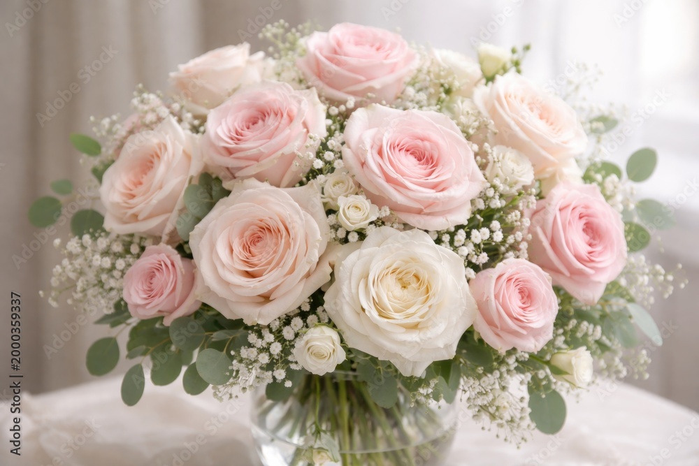 Fototapeta premium Fresh rose arrangement featuring light pink and white blossoms on a neutral background