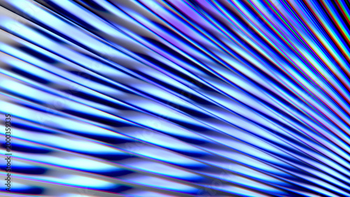Abstract 3D metallic cylinders arranged in a regular pattern along a circle, with a wallpaper featuring a gradient of purple, blue, and sky blue that reflects like waves on their surfaces 3D render .