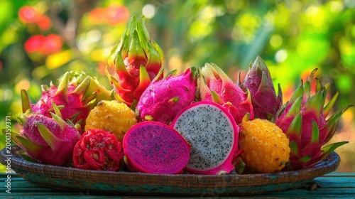 Vibrant assortment of fresh tropical dragon fruits on wooden plate