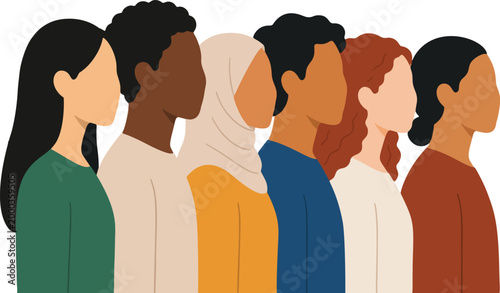 Multicultural community side view people group flat vector illustration