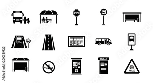 Collection of bus stop and transportation icons in black and white.