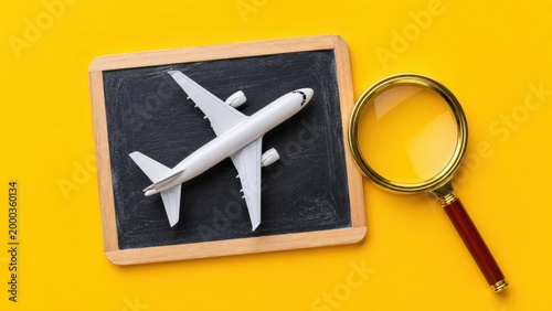 Toy Airplane Resting On Small Chalkboard Near Magnifying Glass Conceptualizes Travel Insurance Research And Planning For Future Vacation Adventures