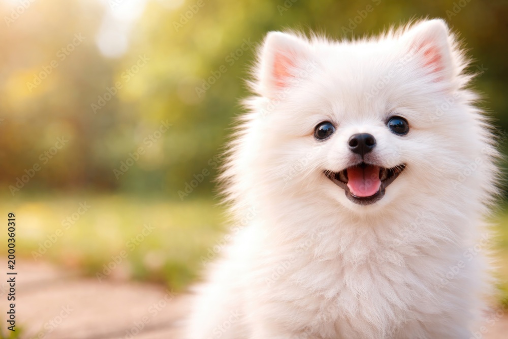 Obraz premium Charming white Pomeranian puppy grinning cheerfully with space for text