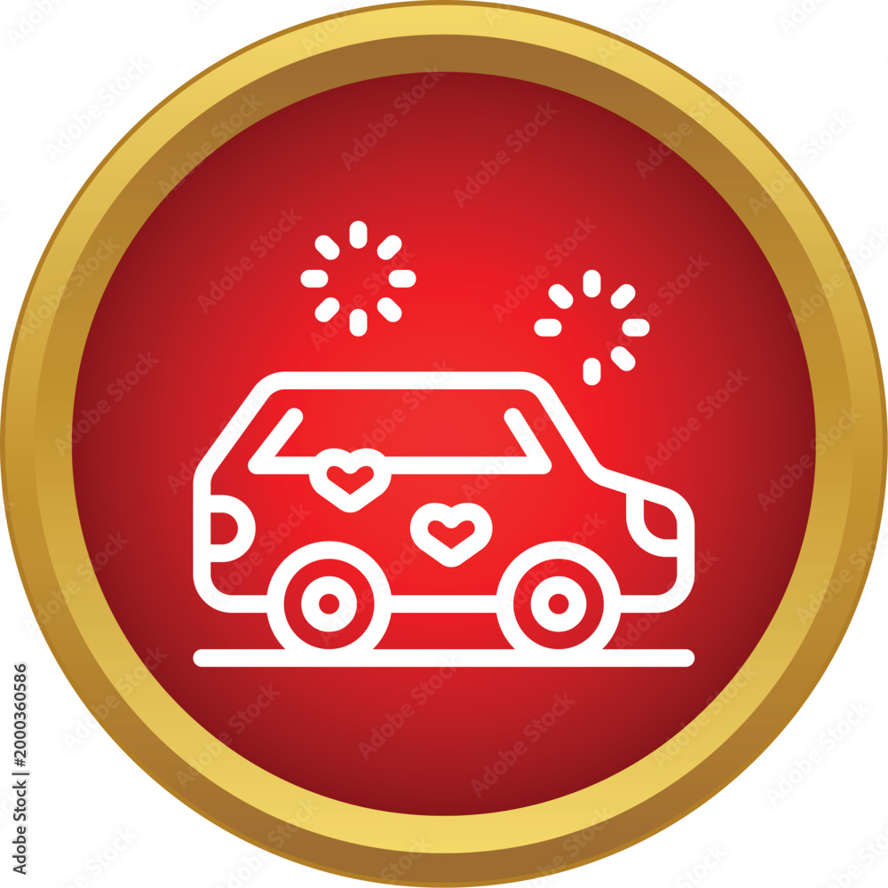 Obraz premium Wedding car icon with hearts and celebration elements on a red circle