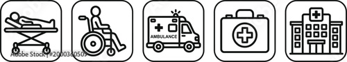 Set of medical icons representing healthcare services, emergency transport, and hospital care.