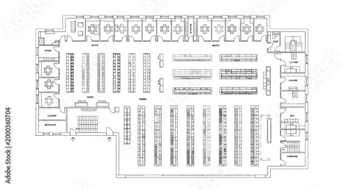 Architectural floor plan of a large commercial retail store or library with shelving units and checkout counters