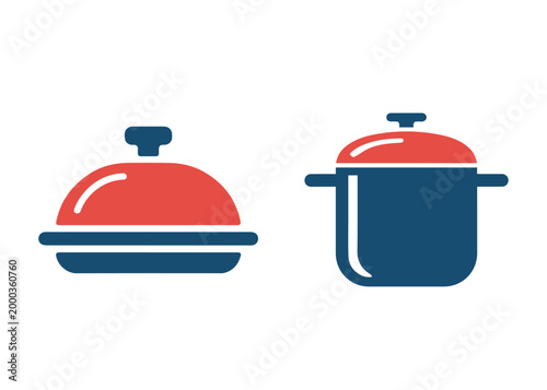 Stylized graphic icons display a covered serving platter alongside a cooking pot with its lid