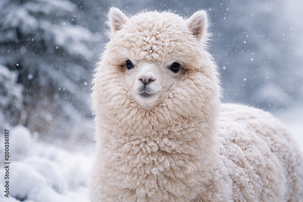 Fototapeta premium Dismal alpaca displaying fluffy wool in frosty snowy climate