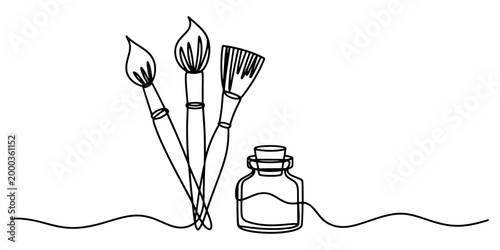 Continuous one line drawing of three paint brushes and an ink bottle