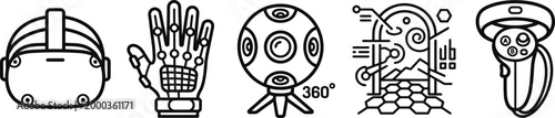 Virtual reality technology icons: headset, glove, 360 camera, metaverse concept, and controller