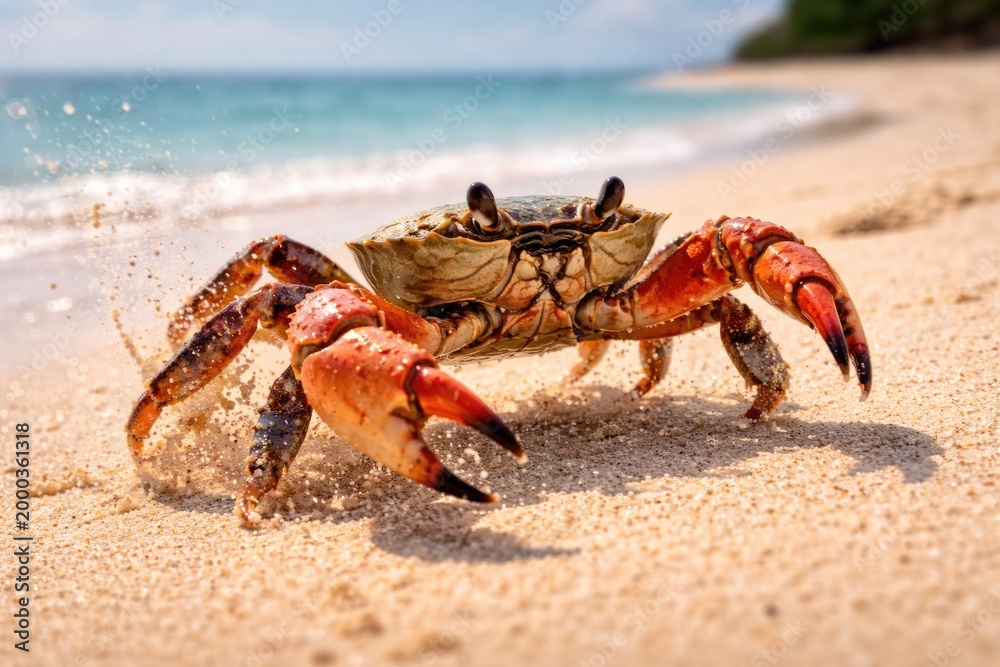 Obraz premium Energetic crab moving over bright sand on a sunny day at beach