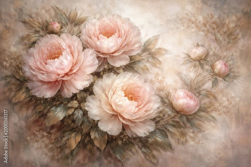 Elegant peony flower artwork featuring textured backdrop suitable for home murals