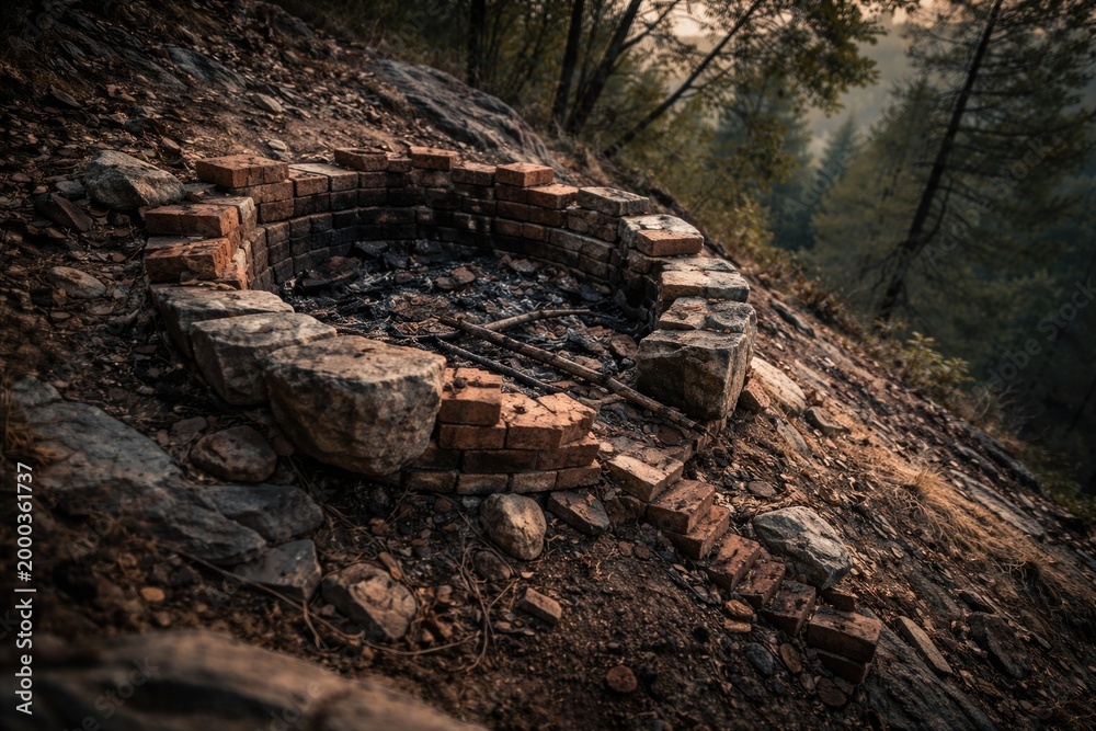 Fototapeta premium Dilapidated stone and brick fire pit breaking down on steep rocky slope