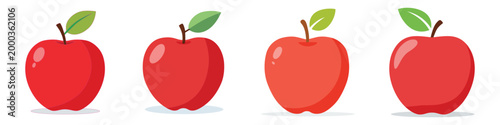 Billede på lærred Four different styles of red apples with green leaves and stems white background