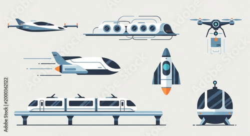 Futuristic transportation concepts including aircraft train drone and spaceship.