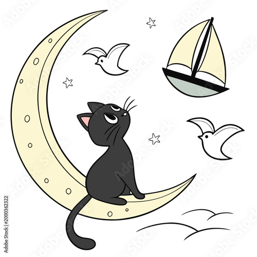 Playful expression on a Black cat in a Beach day theme, with sitting on a moon – Ocean Breeze vector art