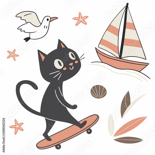 Ocean Breeze themed SVG: Dreamy Black cat with riding a skateboard in a Beach day environment