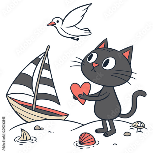 SVG art: A Funny Black cat in a Beach day vibe with holding a heart, tinted with Ocean Breeze tones