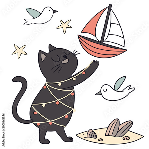 Playful Joyful Black cat design, styled with wrapped in fairy lights and Ocean Breeze shades in a Beach day setting
