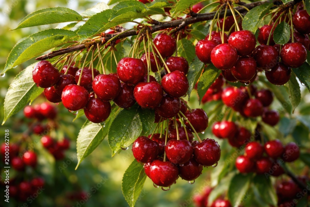 Fototapeta premium Branches of cherry tree heavy with fresh red fruit