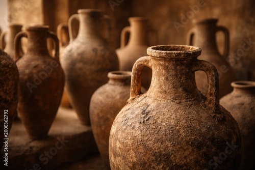 Ancient Mediterranean amphorae selective focus image with ample copy space