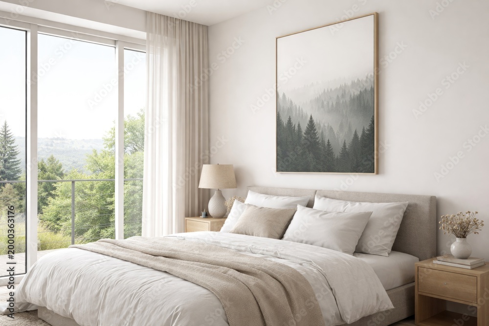 Fototapeta premium A side perspective of a white bedroom highlighting a vertical poster on the wall above a double bed near a panoramic window