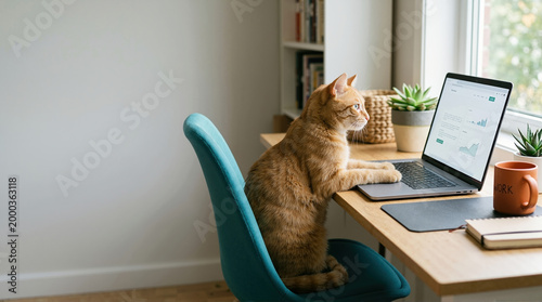 Orange tabby cat sitting at a desk and working on a laptop. Funny concept of a pet as a business professional with financial charts. Home office scene
