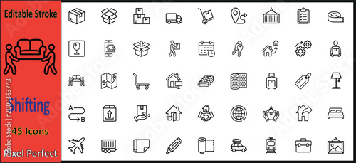 Shifting & Relocation 45 Icons Pack, Editable Stroke - Modern Moving, Delivery, Logistics, and Home Transfer Services Icon Set