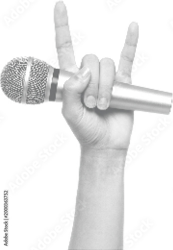 Rock and Roll Hand Sign Holding Microphone Halftone Design Concept with Musical Performance Dotted Texture