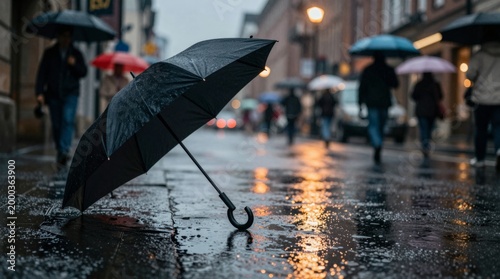 Black Umbrella on Wet Pavement in Rainy Urban Setting