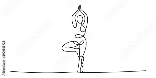 Continuous single line drawing of woman doing yoga tree pose