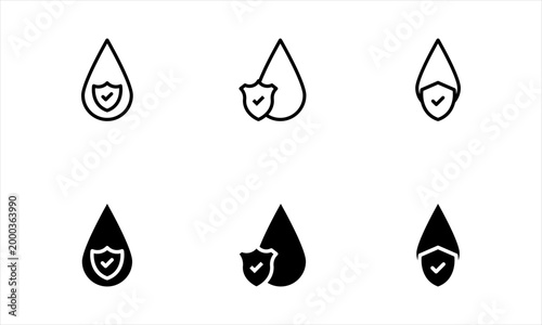 Water Protection and Hygiene Shield Icon Set for Mobile App and Web Design. Vector Illustration, eps10.