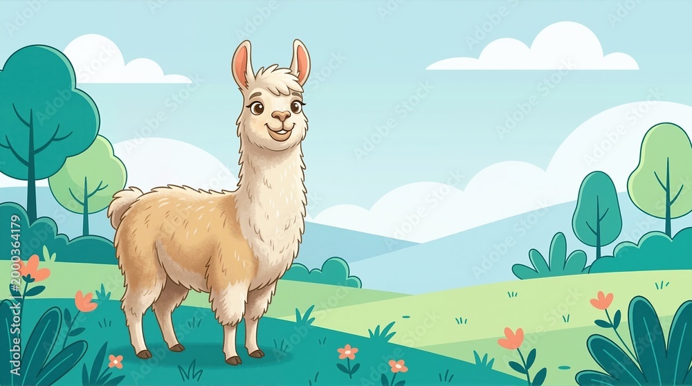 Obraz premium Cartoon llama standing in a green field with flowers and trees. Friendly alpaca character illustration in a bright landscape. Children's book style animal art. Copy space for text