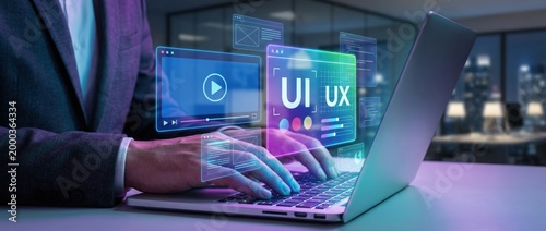Innovative ui/ux design showcase modern office digital visuals nighttime environment close-up view conceptual technology exploration for enhanced user experience